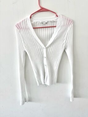 Vince White Ribbed Button-Up Sheer Cardigan, Medium